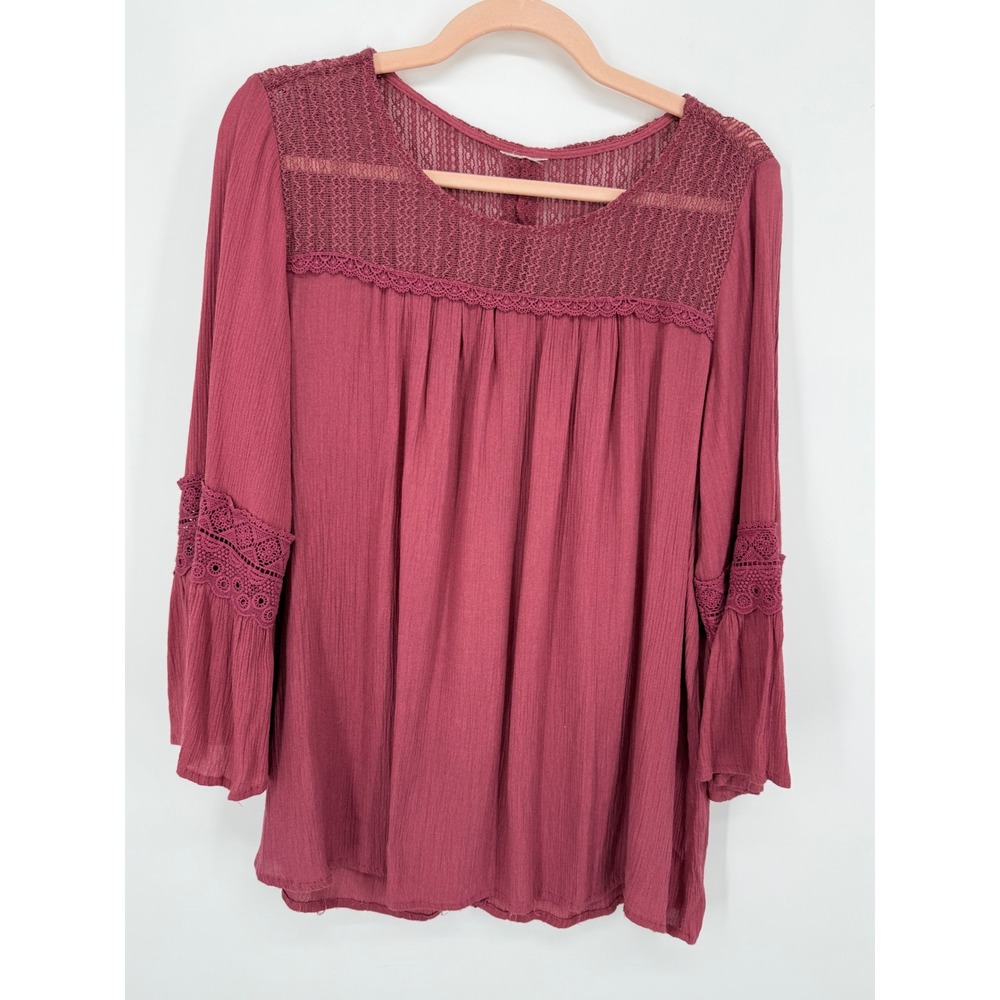 Boho Lace Yoke Blouse Womens XL Berry Red Bell Sleeve Crochet Top Lagenlook